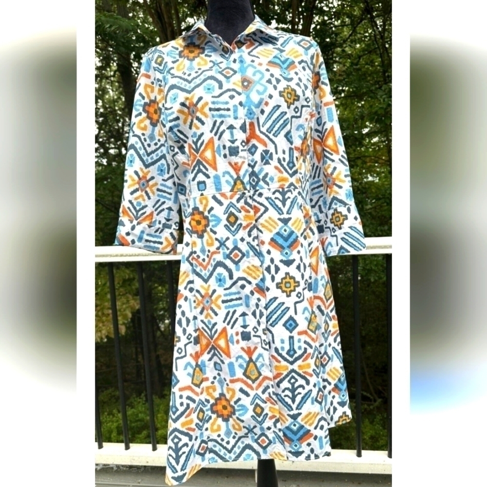 Tyler Boe Orange & BLUE Azteca Print Button Down Dress with Pockets 8